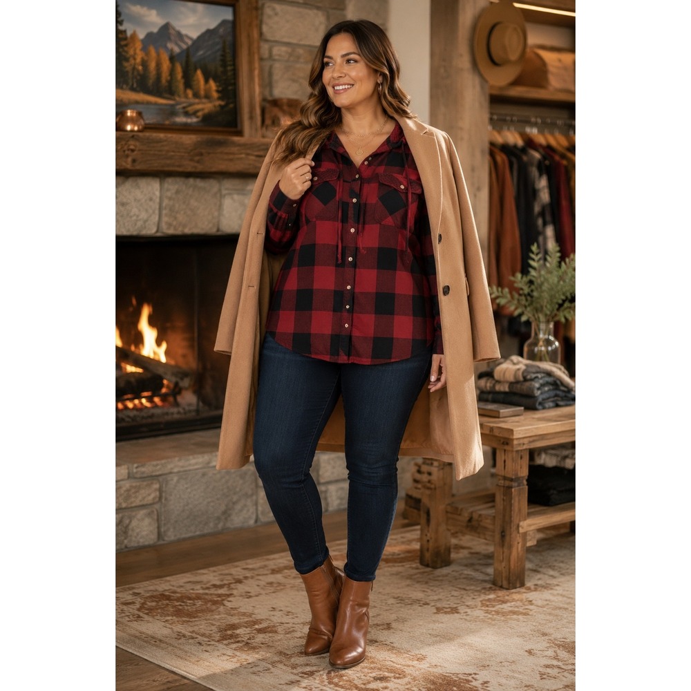 Maurices Red Navy Buffalo Plaid Hooded Flannel Shirt Roll Tab Sleeve Women Large